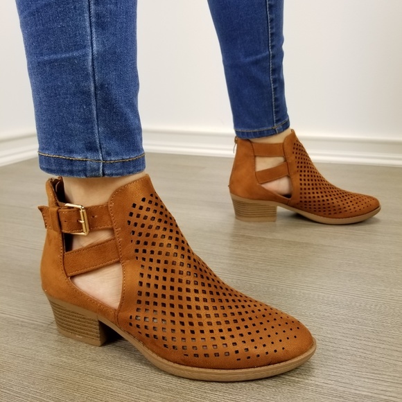 Brown Perforated Cut Open Ankle Boots - Picture 11 of 12
